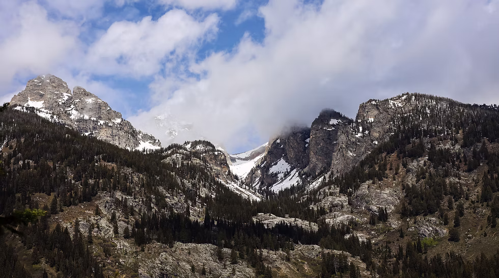 Sunny view of high mountains in Grand Teton National Park