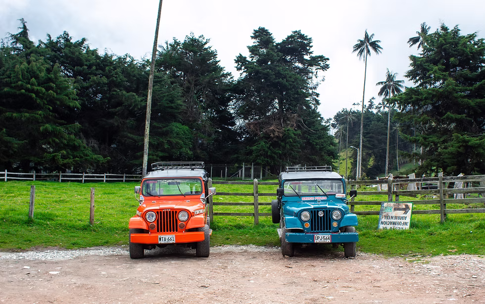 Two colorful old jeeps in a dirt lot
